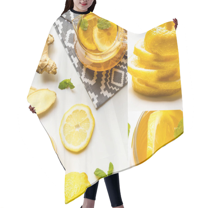 Personality  Collage Of Hot Tea In Teapot On Napkin Near Ginger Root, Lemon And Mint On White Background Hair Cutting Cape