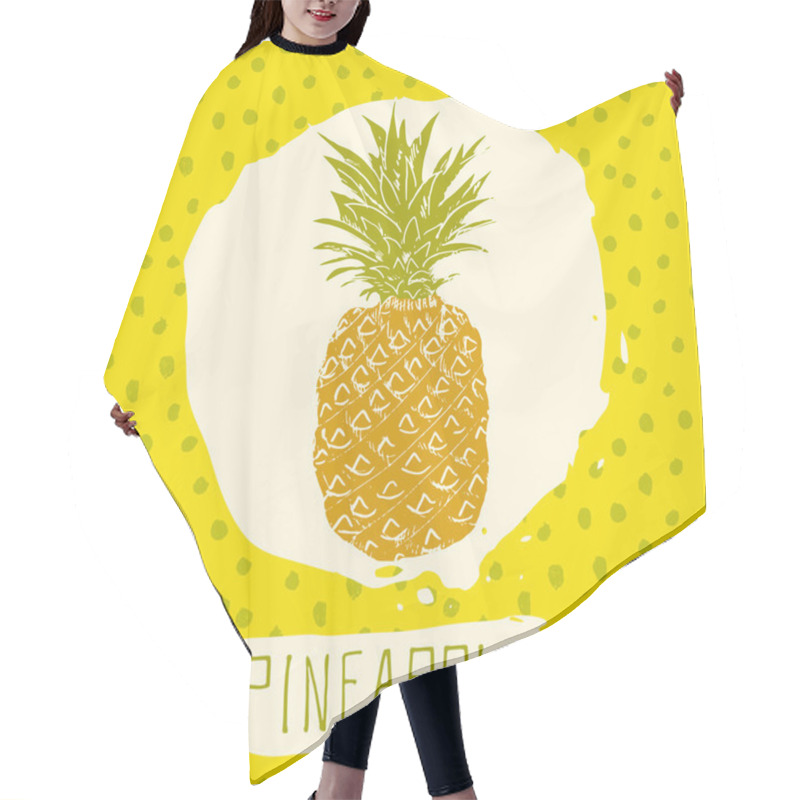 Personality  Pineapple Hand Drawn Sketched Fruit With Leaf On Blue Background With Dots Pattern. Doodle Vector Pineapple For Logo, Label, Brand Identity. Hair Cutting Cape