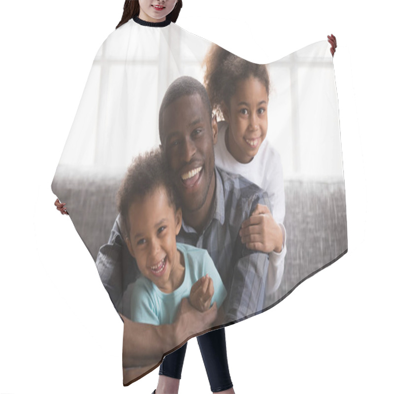 Personality  Happy African Dad And Mixed Race Children At Home Portrait Hair Cutting Cape