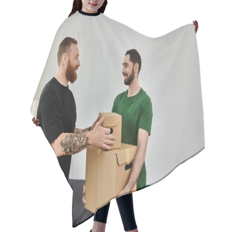 Personality  A Gay Couple In Love Stands In Their Living Room, Holding A Cardboard Box, Ready To Start Their New Life Together. Hair Cutting Cape