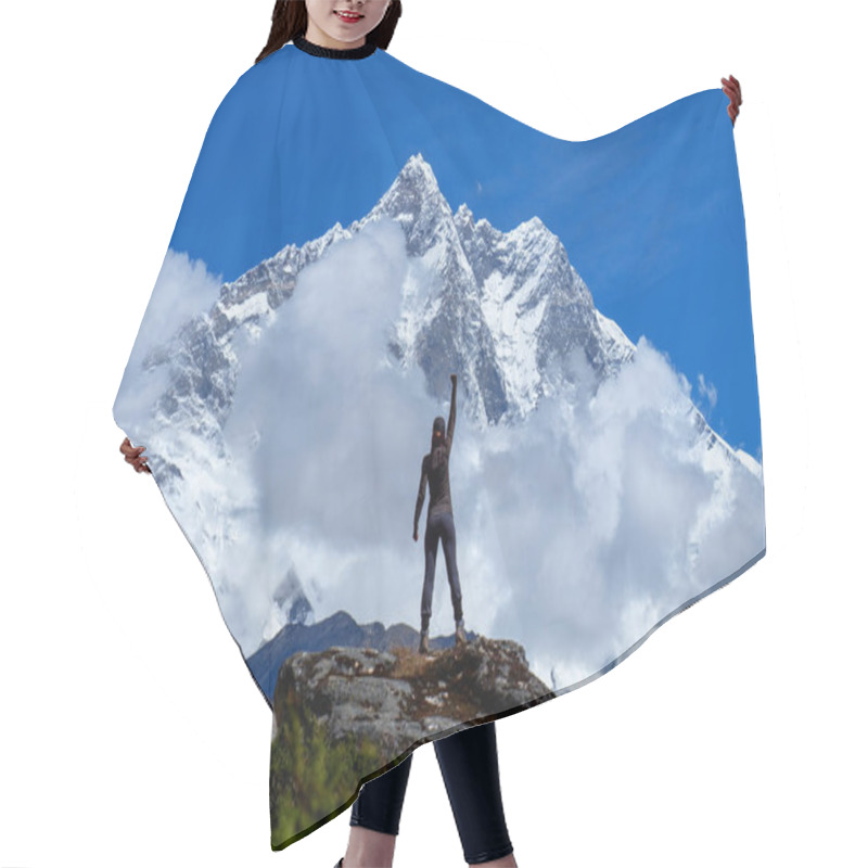 Personality  Active Hiker Hiking, Enjoying The View, Looking At Mount Everest Landscape. Travel Sport Lifestyle Concept Hair Cutting Cape