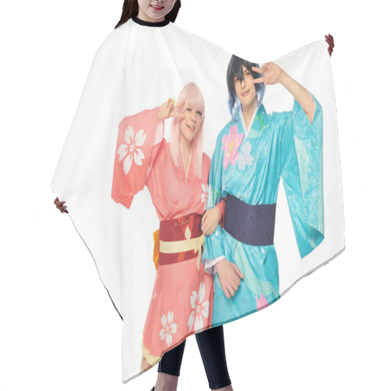 Personality  Vibrant Anime Style Couple In Kimonos Showing Victory Gesture And Looking At Camera On White Hair Cutting Cape