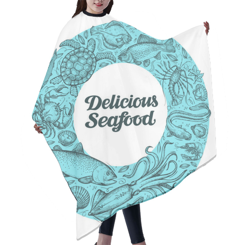 Personality  Delicious Seafood. Hand Drawn Sketches On The Theme Of Food. Vector Illustration Hair Cutting Cape