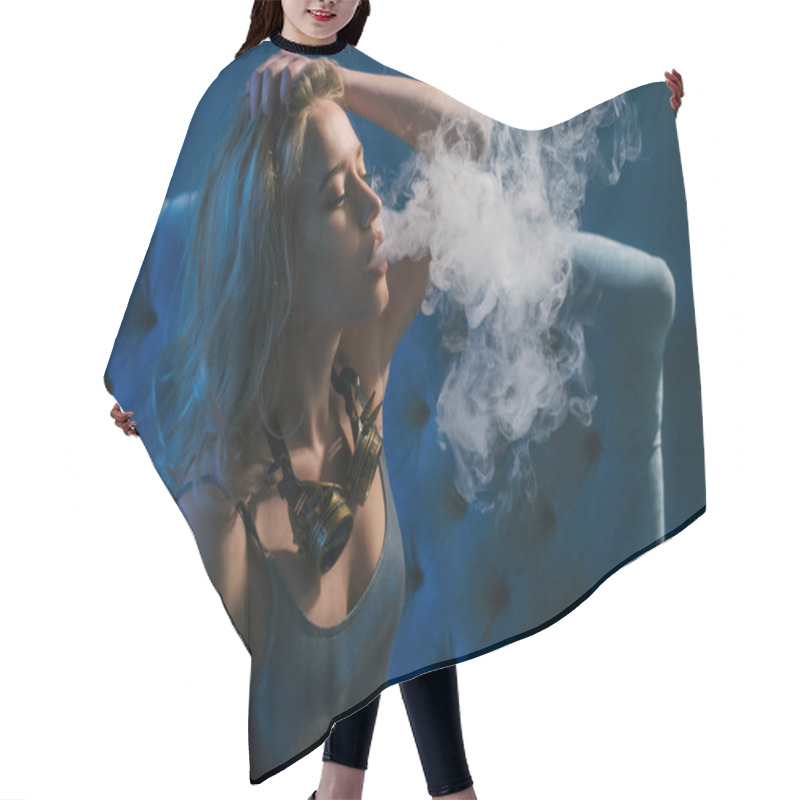 Personality  Vapor Concept,sexy Young Woman In Lingerie Vaping E-Cigarette Hair Cutting Cape