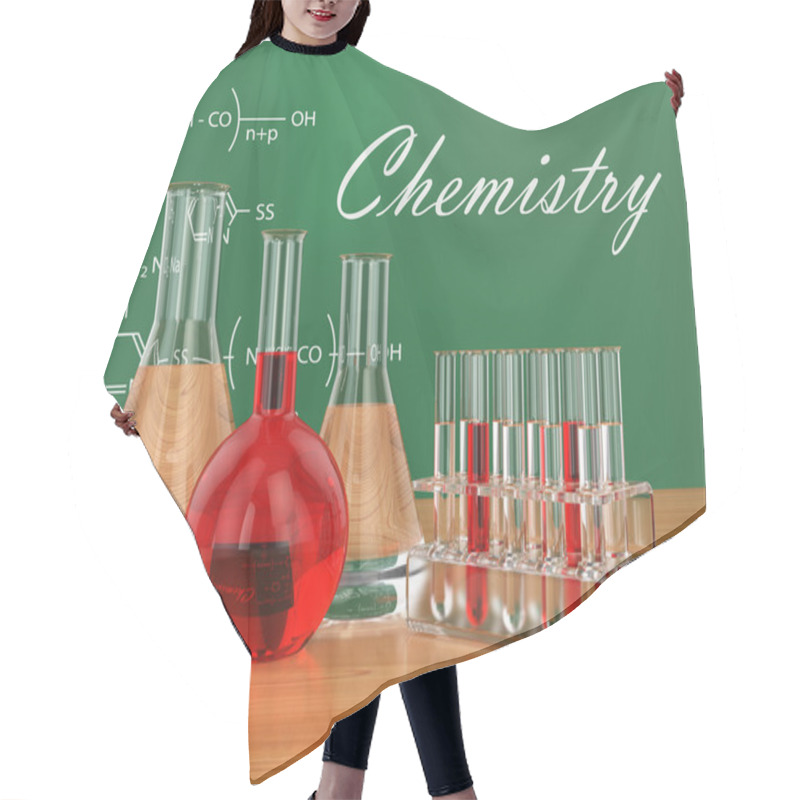 Personality  Chemical Flasks And Blackboard With Formulas. Hair Cutting Cape