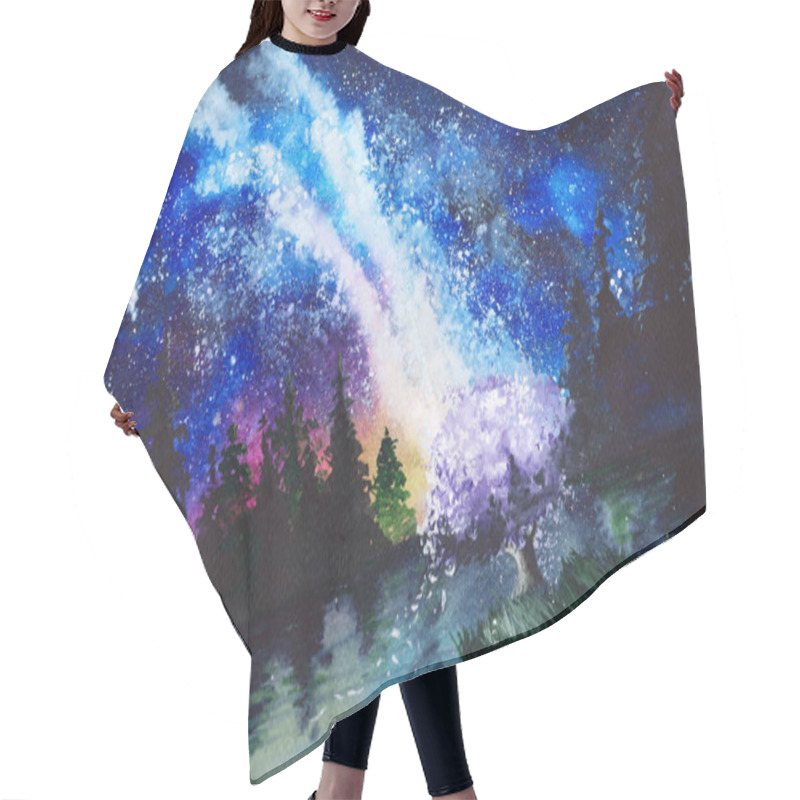 Personality  Watercolor Illustration Of A Winter Night Landscape With A Lake, Fir Trees On The Shore And Northern Lights In The Night Sky (This Illustration Was Drawn By Hand Without The Use Of Generative AI!) Hair Cutting Cape