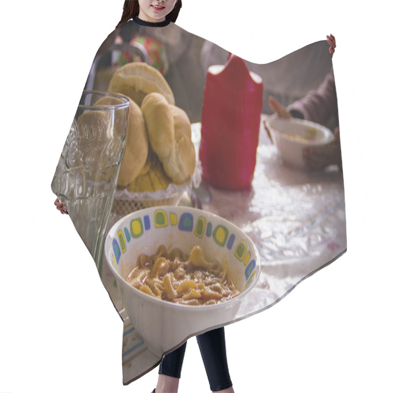 Personality  Rural Scene Of A Mexican Family Meal With Soup And Bread. Hair Cutting Cape