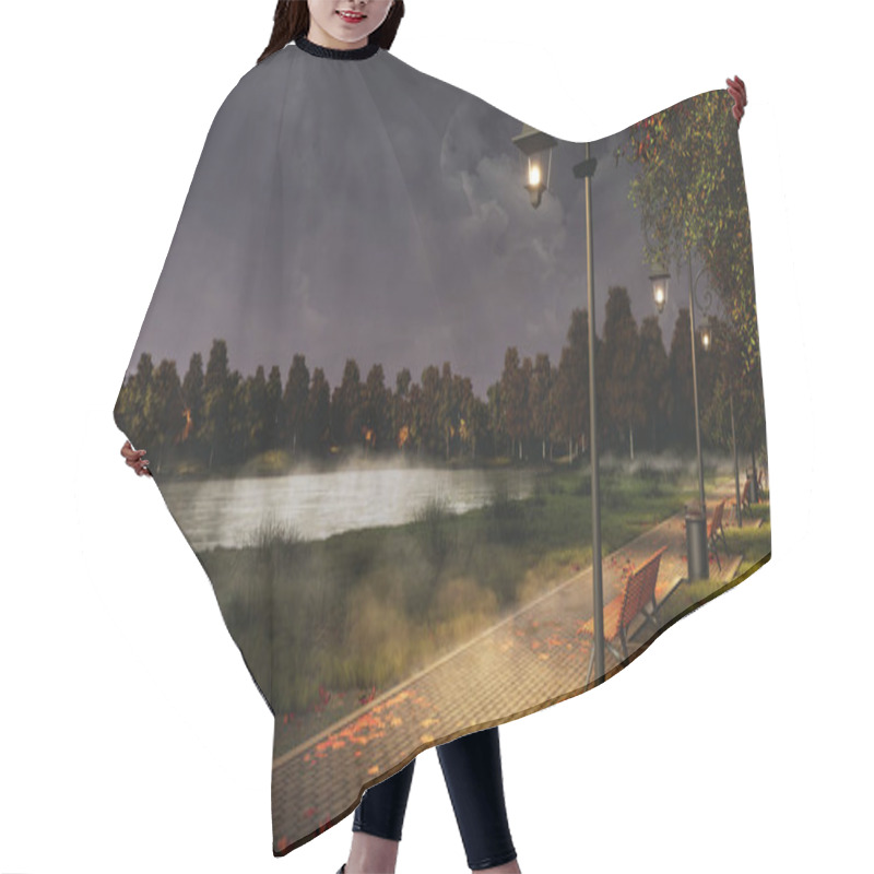 Personality  Empty Pavement Walkway Lit By Street Lamps With Wooden Benches And Fallen Autumn Leaves In A City Park On The Shore Of Calm Lake At Misty Autumnal Night. 3D Illustration From My Own 3D Rendering File. Hair Cutting Cape