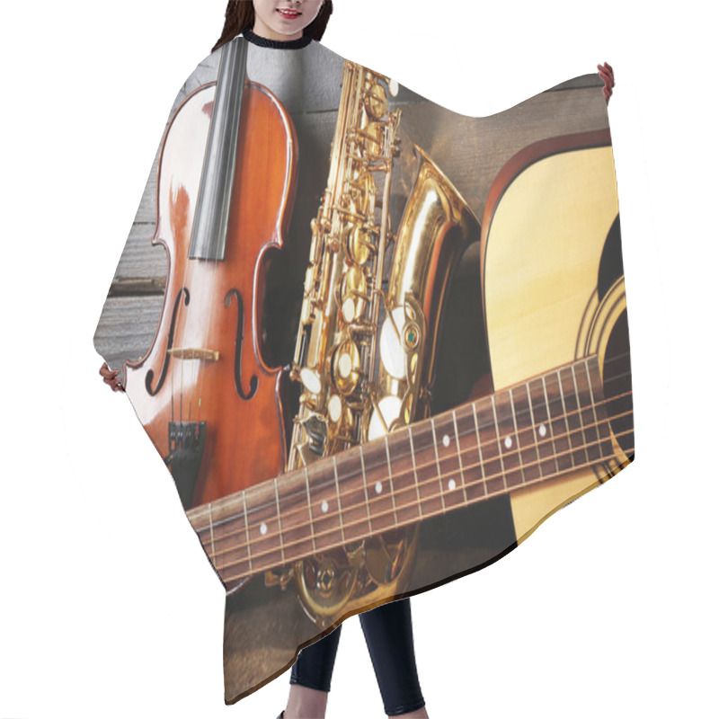 Personality  Close Up View On Musical Instruments  Hair Cutting Cape