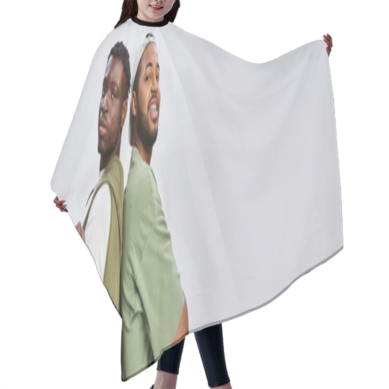 Personality  Banner Of African American Friends Standing With Folded Arms On Grey Background, Juneteenth Hair Cutting Cape