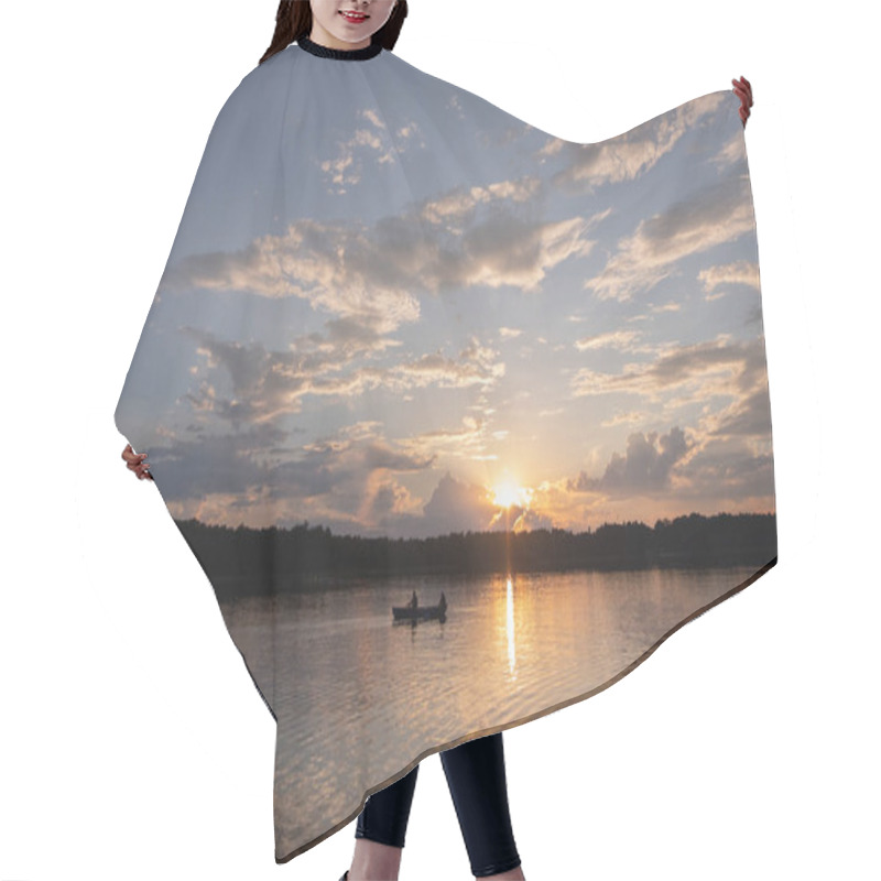 Personality   Beautiful Summer Sunset On The Lake With A Floating Boat With People Hair Cutting Cape