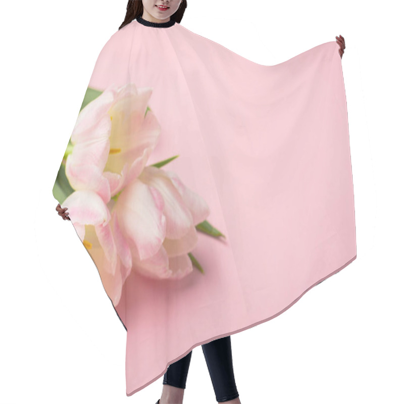 Personality  Spring Flower Pink Tulips On The Pink Background With Copyspace. Theme Of Love, Mother's Day, Women's Day Side View Hair Cutting Cape