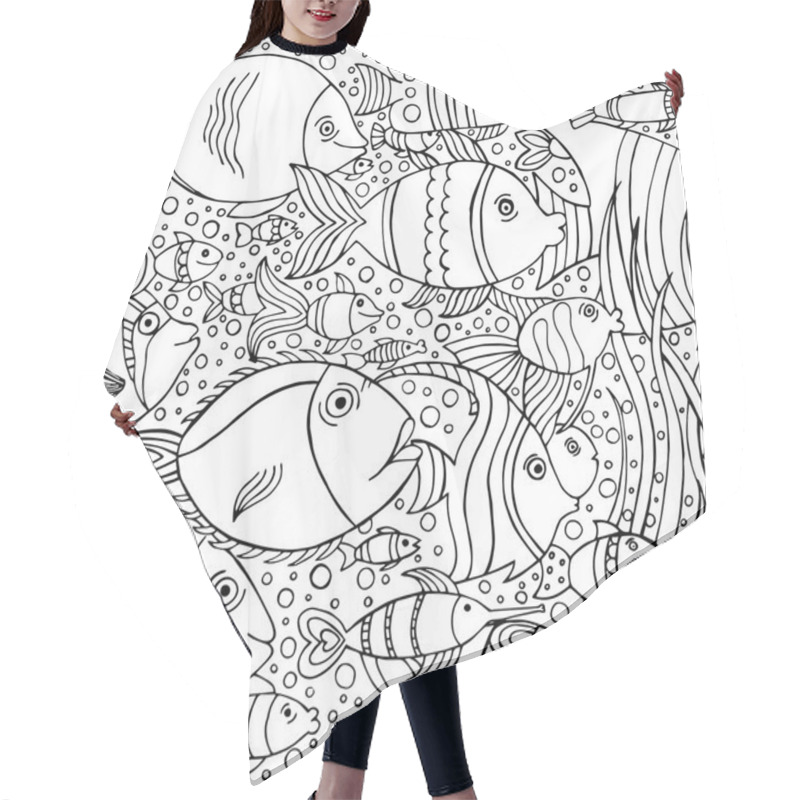 Personality  Hand Drawn Background With Many Fishes In The Water. Sea Life Design For Relax And Meditation. Vector Pattern Black And White Illustration Can Be Used For Coloring Book Pages For Kids And Adults. Hair Cutting Cape