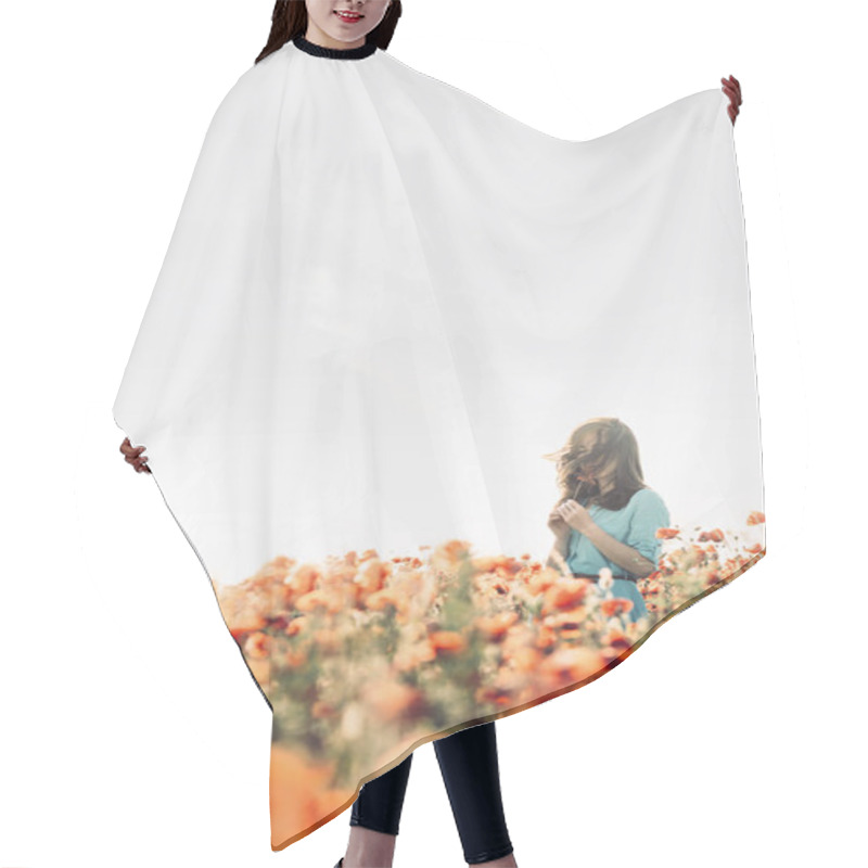 Personality  Romantic Young Woman Walking In Poppy Flowers Meadow.  Hair Cutting Cape