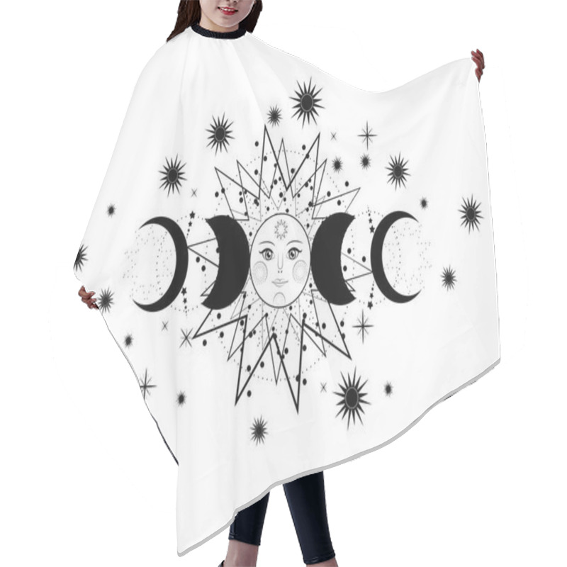 Personality  Triple Moon, Pagan Wiccan Goddess Symbol, Sun System, Moon Phases, Orbits Of Planets, Energy Circle. Sacred Geometry Of The Wheel Of The Year, Vector Isolated On White Background Hair Cutting Cape