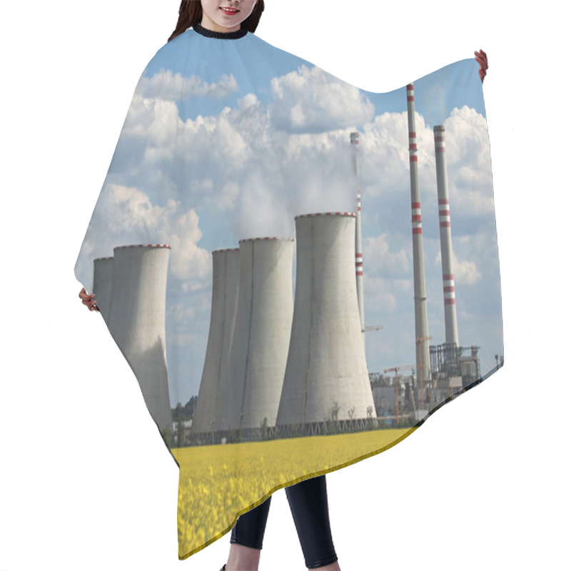 Personality  Coolin Tower And Chimney Of Coal Power Plant Over Yellow Field Hair Cutting Cape