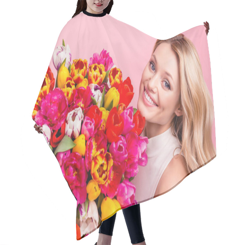 Personality  Portrait Of Pretty Wife Charming Lovely Mother Gorgeous Girlfriend Having Big Bouquet Of Colorful Aromatic Tulips Looking At Camera Isolated On Pink Background Hair Cutting Cape