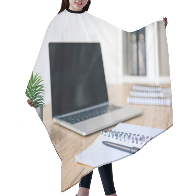 Personality  Closeup View Of Potted Plant, Laptop With Blank Screen And Textbooks At Table  Hair Cutting Cape