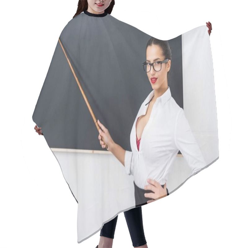 Personality  Young Attractive Teacher Pointing At Chalkboard Hair Cutting Cape