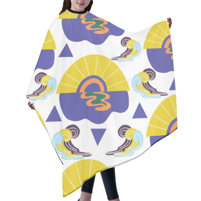 Personality  Sun, Water And Waves, In A Groovy Seamless Pattern, That Can Be Used Both For Web, Or For Print, In Surface Pattern Design Hair Cutting Cape