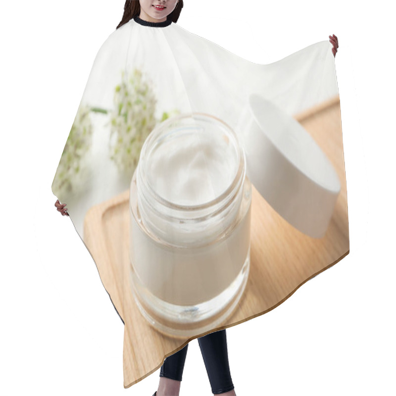 Personality  Jar With Cream, Allium Flowers And Board On White Background, Cl Hair Cutting Cape