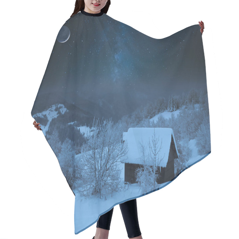 Personality  Fairy-tale Starry Night In The Ukrainian Carpathian Mountains With The Galaxy Milky Way In The Sky And The Glow Of The Full Moon Winter Frosty Time On The Background Of A Cozy Little House. Hair Cutting Cape