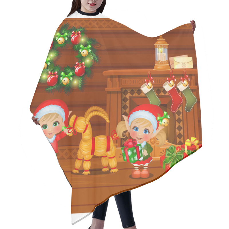 Personality  Inside The Old Cozy Wooden Village House. Home Furnishing. Boy And Girl Santa Claus Helpers And Straw Sheep. Sketch Of Christmas Festive Poster, Party Invitation, Holiday Card. Vector Cartoon. Hair Cutting Cape