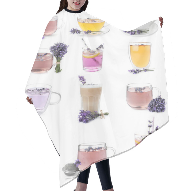 Personality  Set Of Different Drinks With Lavender On White Background Hair Cutting Cape