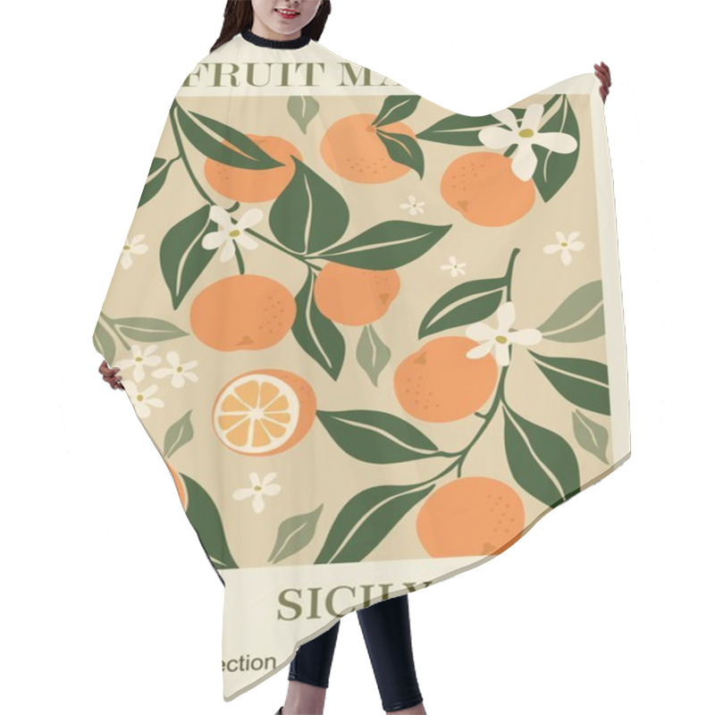 Personality  Abstract Fruit Market Sicily Retro Poster. Trendy Contemporary Wall Art With Orange Fruit Design In Sage Green Colors. Modern Naive Groovy Funky Interior Decoration, Painting. Vector Illustrations Hair Cutting Cape