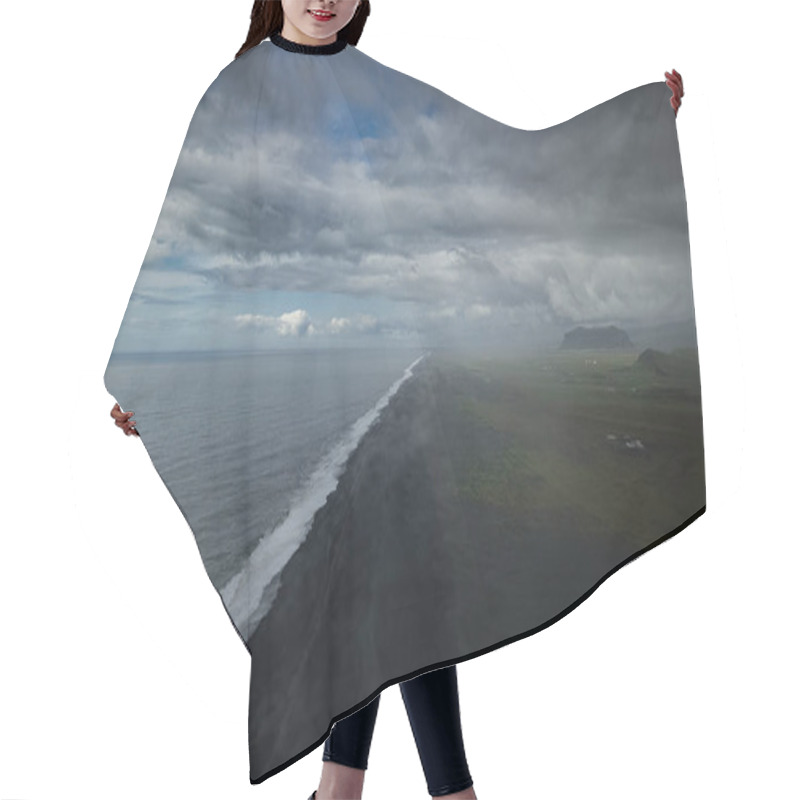 Personality  A Dramatic Aerial Composition Showcasing A Black Sand Beach Reynisfjara Stretching Endlessly, Juxtaposed With Moody Clouds And Tranquil Ocean Waters. A Breathtaking Depiction Of Nature's Raw Beauty And Contrasts In Iceland Hair Cutting Cape