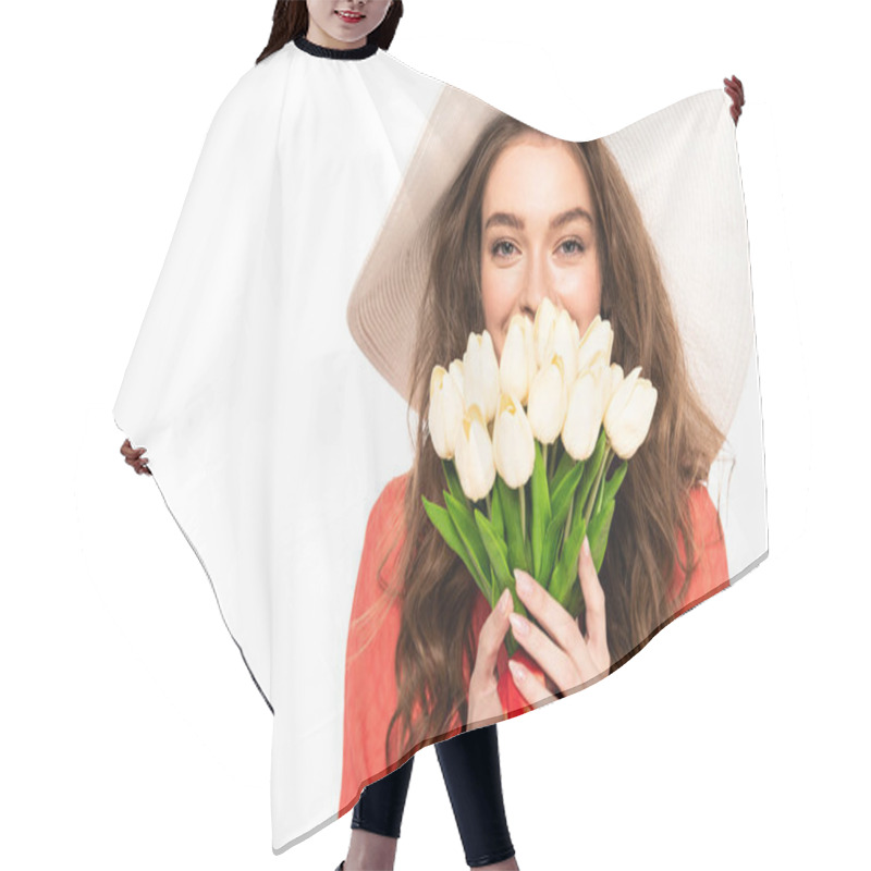 Personality  Happy Elegant Woman In Hat And Dress Holding Tulips Bouquet Isolated On White Hair Cutting Cape