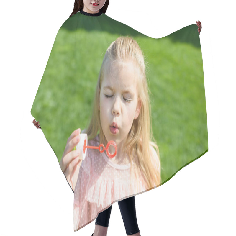 Personality  Adorable Little Child Blowing Soap Bubbles In Park Hair Cutting Cape