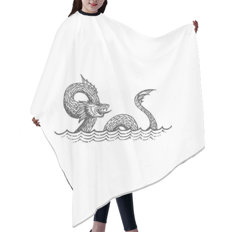 Personality  Leviathan Mythical Creature, Sea Serpent In Judaism Isolated Monochrome Sketch. Vector Selma Norwegian Folklore Monster, Legendary Leviathan Dragon Mythical Creature, Water Dinosaur, Underwater Beast Hair Cutting Cape