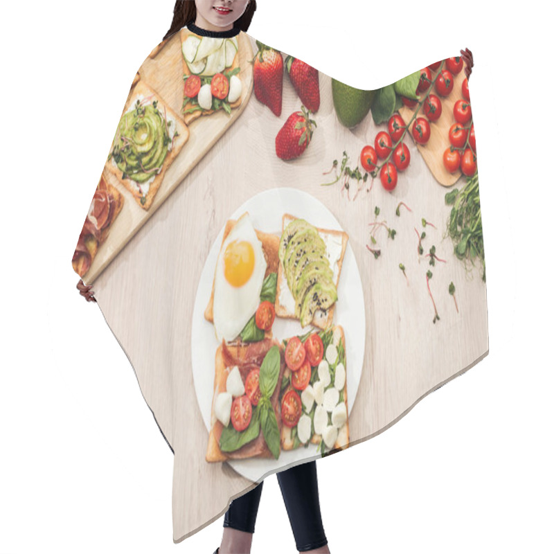 Personality  Top View Of Ingredients And Toasts With Vegetables, Fried Egg And Prosciutto On Wooden Table Hair Cutting Cape