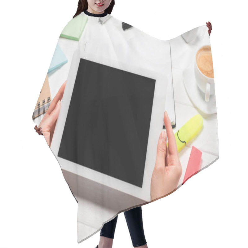 Personality  Cropped View Of Woman Holding Digital Tablet At Workplace With Office Supplies And Coffee Hair Cutting Cape