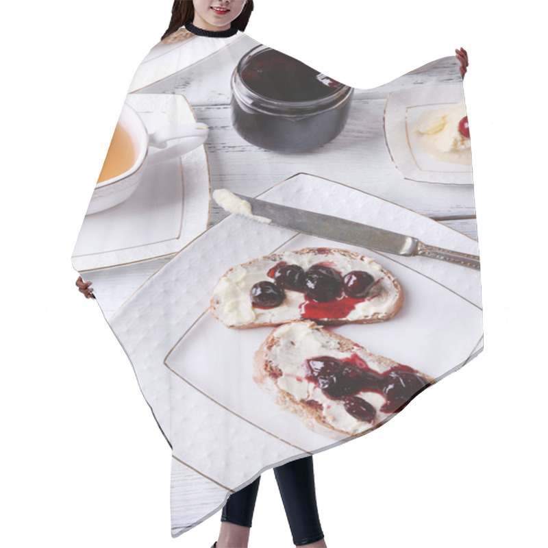 Personality  Fresh Bread With Cherry Jam And Homemade Butter On Plate On Wooden Background Hair Cutting Cape