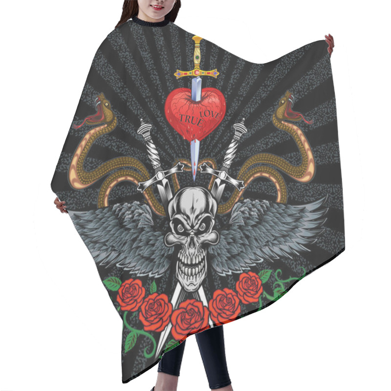 Personality  Illustration Human Death Skull With Roses And Wings Hair Cutting Cape