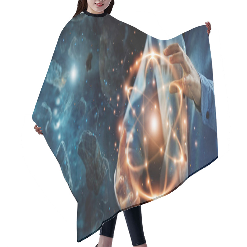 Personality  Abstract Science, Hands Holding Atomic Particle, Nuclear Energy Imagery And Network Connection On Meteorites Space Planets Background. Hair Cutting Cape