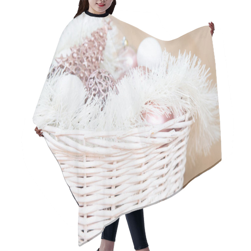 Personality  A Beautifully Arranged White Wicker Basket Overflowing With A Delightful Assortment Of Pink And White Christmas Decorations Inside It Hair Cutting Cape