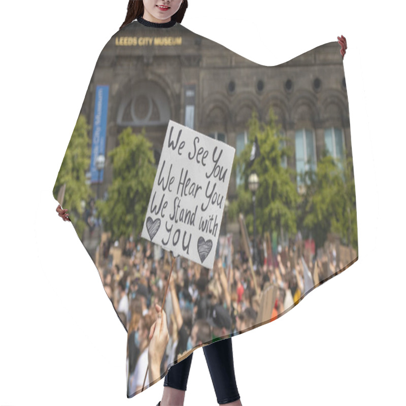 Personality  Leeds UK, 14th June 2020: Black Lives Matter Protesters In The Leeds City Centre Protesting About Black Lives Holding Up Signs Hair Cutting Cape