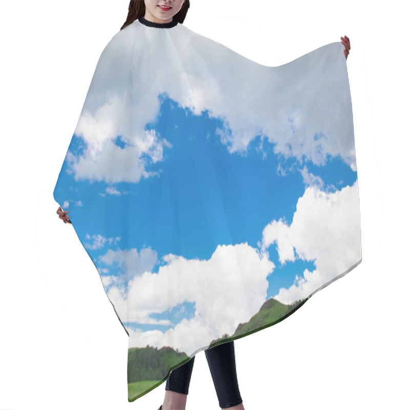 Personality  Blue Sky With White Clouds, Fields And Meadows With Green Grass, On The Background Of Mountains. Composition Of Nature. Rural Summer Landscape. Hair Cutting Cape