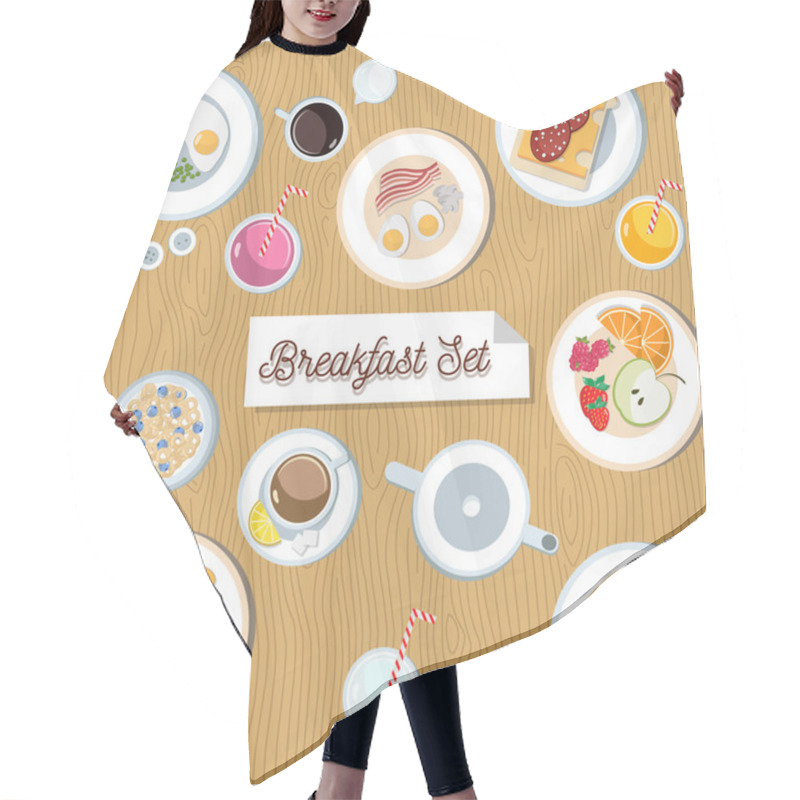 Personality  Beautiful Breakfast Set. Cute Flat Eggs With Bacon, Sausages, Mushrooms And Peas. Bread With Cheese And Ham. Cereal With Blueberry. Fruit Bowl With Orange, Strawberry And Raspberry.Croissant Hair Cutting Cape