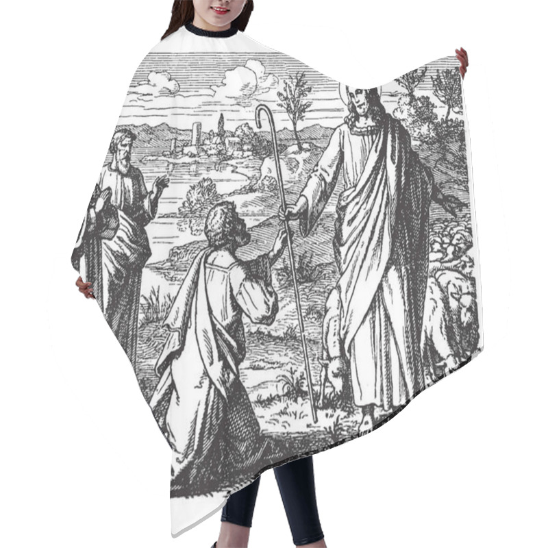 Personality  The Restoration Of Peter Is An Incident Described The New Testament In Which Jesus Appeared To His Supporters After His Resurrection, And Spoke To Peter In Specifically, Vintage Line Drawing Or Engraving Illustration. Hair Cutting Cape