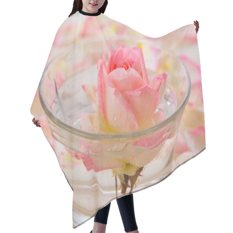 Personality  White Rose In A Bowl Of Water And  Petals. Hair Cutting Cape