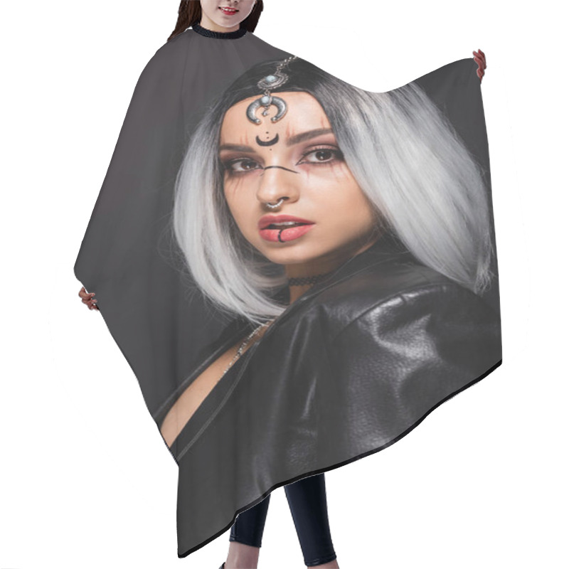 Personality  Woman In Witch Halloween Makeup And Piercing Looking At Camera Isolated On Black Hair Cutting Cape