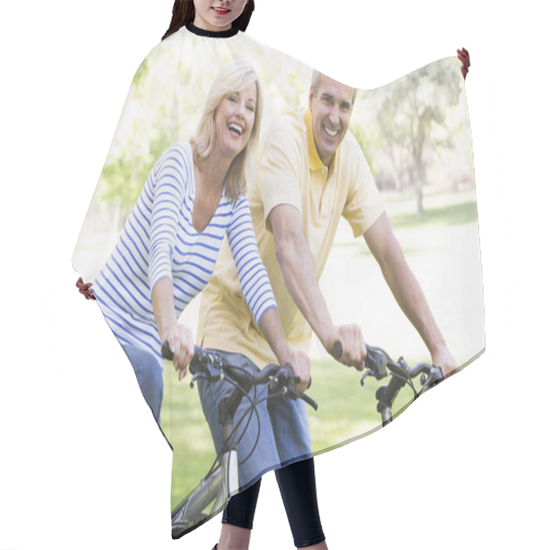 Personality  Couple On Bikes Outdoors Smiling Hair Cutting Cape