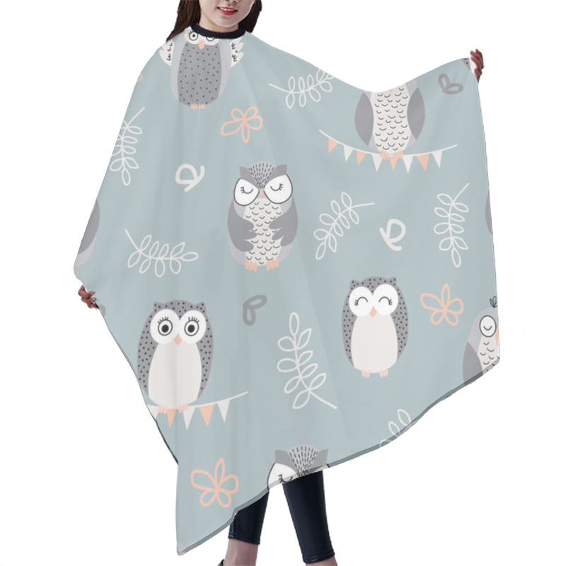 Personality  Repeat Pattern With Cute Owls On Green Background Hair Cutting Cape