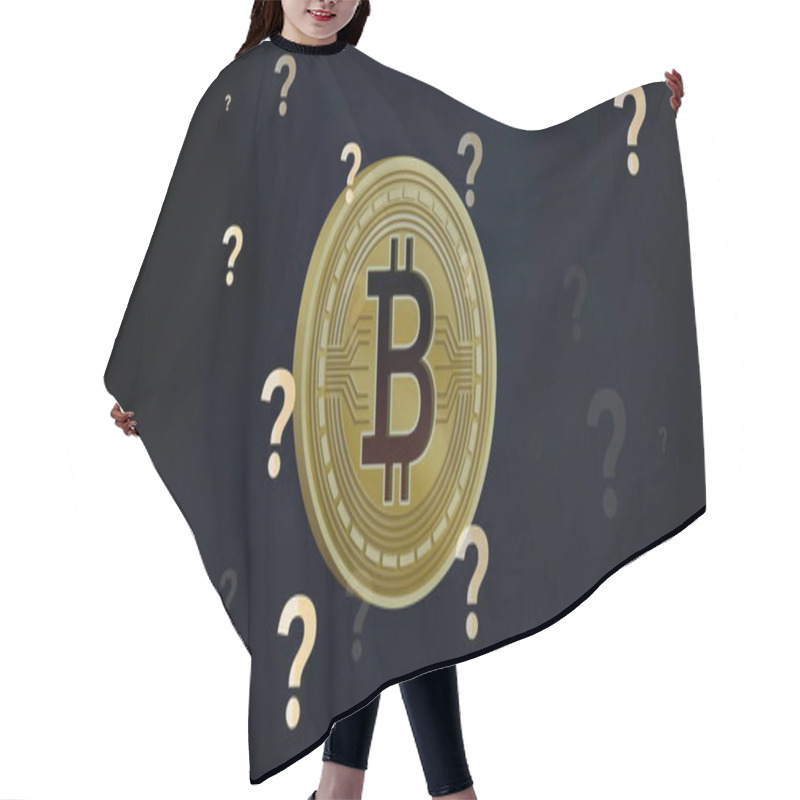 Personality  Bitcoin Symbol With Question Marks, Representing Cryptocurrency Uncertainty. Blockchain, Digital Currency, Finance, Investment, Doubt, Modern Hair Cutting Cape