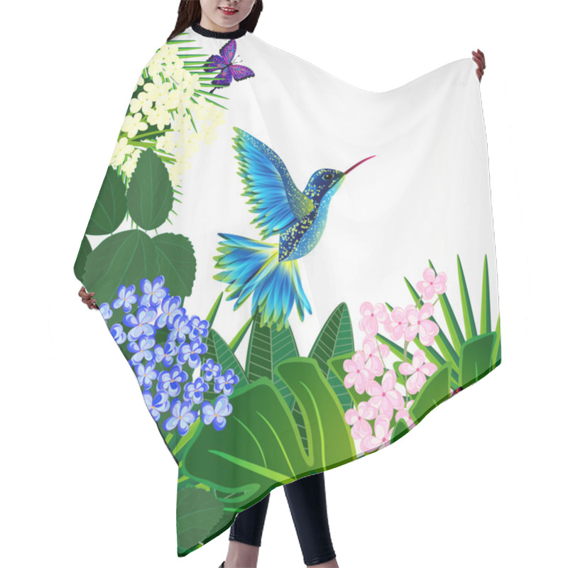 Personality  Floral Design Background. Tropical Flowers, Birds And Butterflies. Hair Cutting Cape