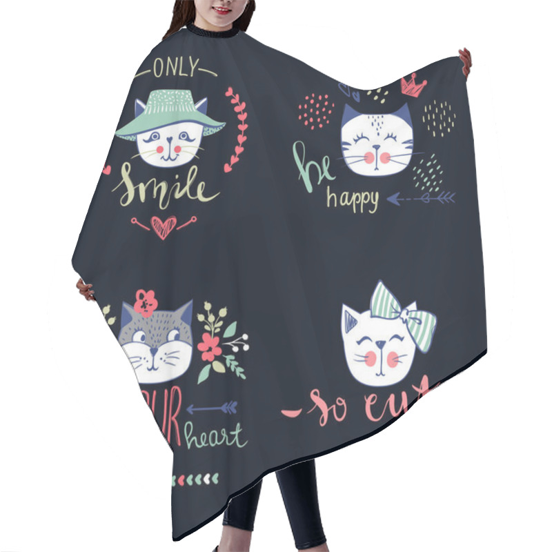 Personality  Vector Card Series With Cute Fashion Cats. Hair Cutting Cape